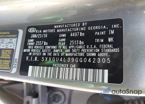 2016 Kia Optima Ex from USA, damaged, VIN 5XXGU4L39GG042305